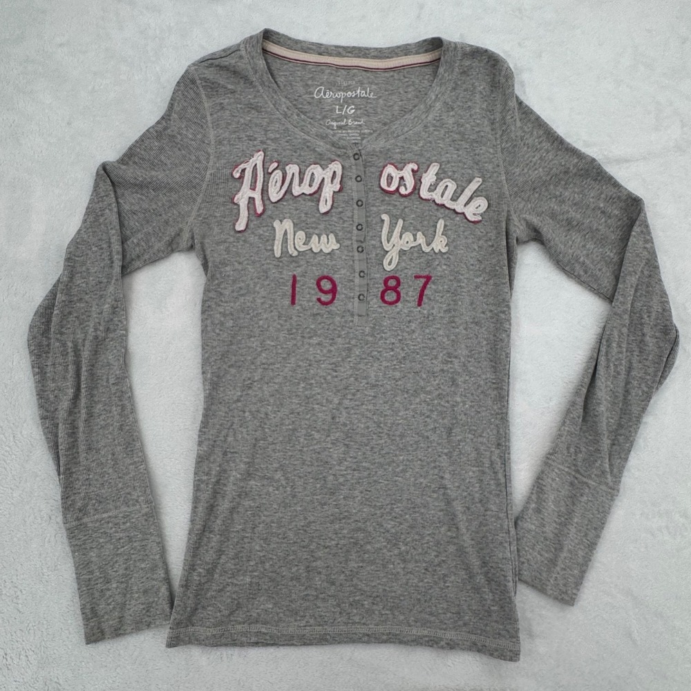Aeropostale Gray Rib Henley Long Sleeve Graphic Top Large Indie sleaze Y2K 2010s